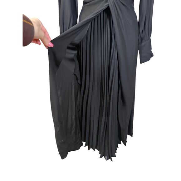 Sandro Paris LBD Black Long Sleeve Wrap Pleated Maxi Dress Luxury Minimalist - Picture 8 of 14